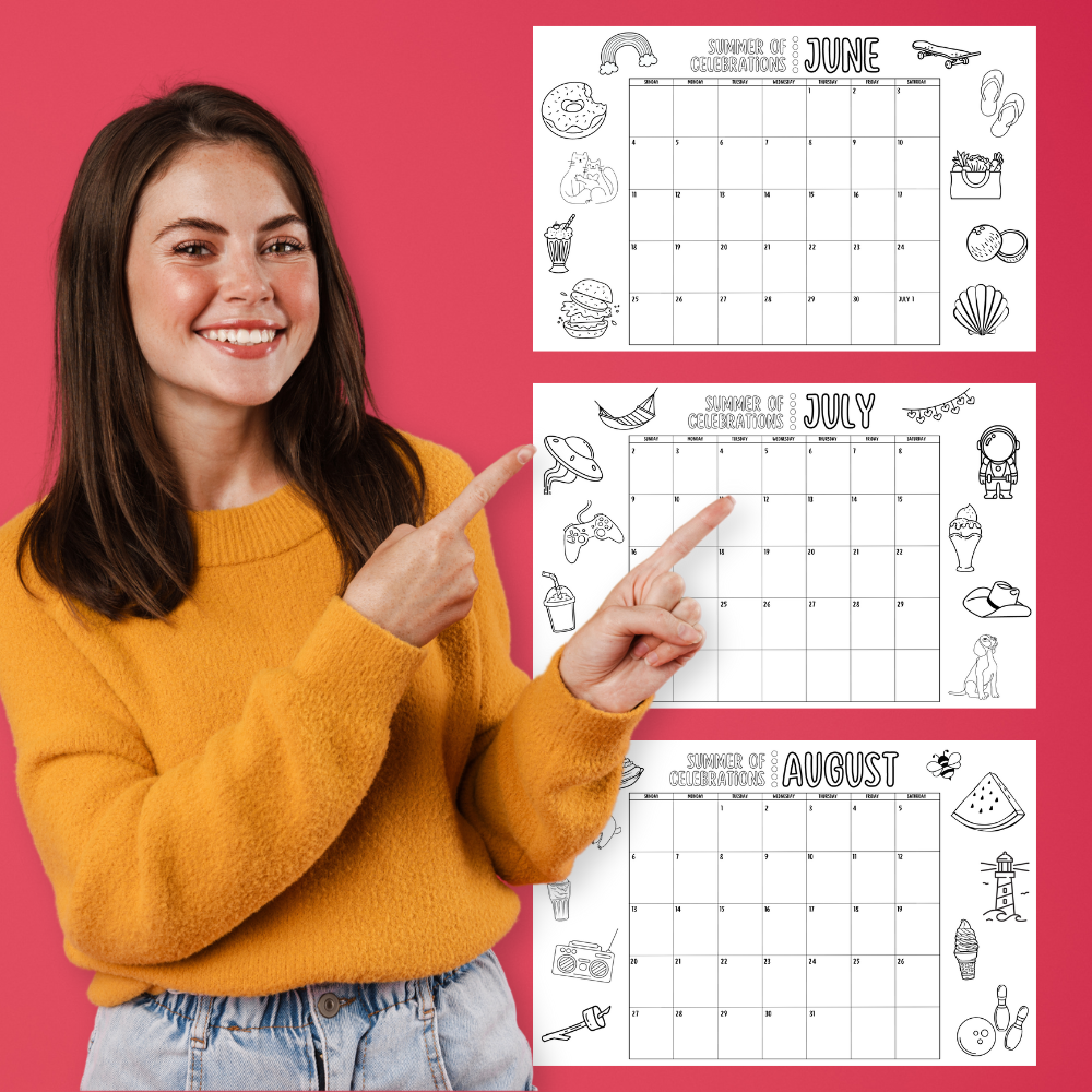 A mom happily points at her summer celebration calendars.