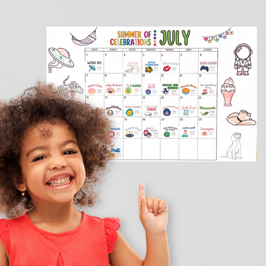 A girl points at her summer celebrations calendar, which includes fun and colorful stickers