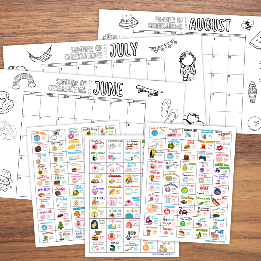 Calendars for June, July, and August are displayed along with 3 sticker sheets containing holiday stickers for 150 different quirky holidays