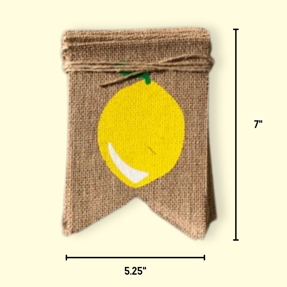 A graphic shows that one panel of the burlap pennant banner measures 5/25" by 7"