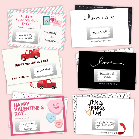 Display of 6 valentine scratch-off cards or love coupons